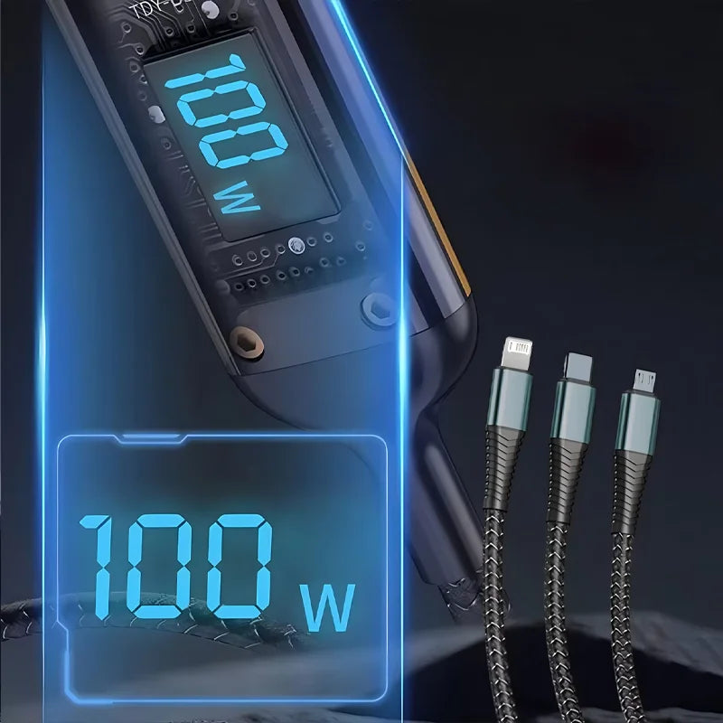 3 in 1 100W Transparent Pilot Lamp Super Fast Charging Cable Universal with Type C Usb Micro for Iphone Samsung Huawei Xiaomi 6A