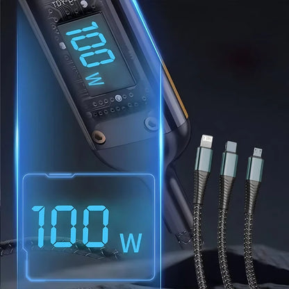 3 in 1 100W Transparent Pilot Lamp Super Fast Charging Cable Universal with Type C Usb Micro for Iphone Samsung Huawei Xiaomi 6A
